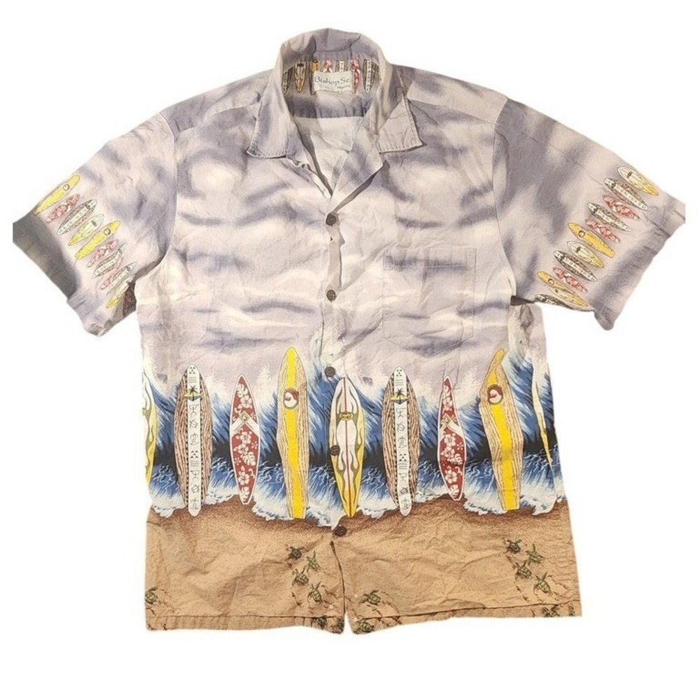 Bishop St Shirt Mens XL Blue Hawaiian Surfboard Beach‎ Short Sleeve Button Up